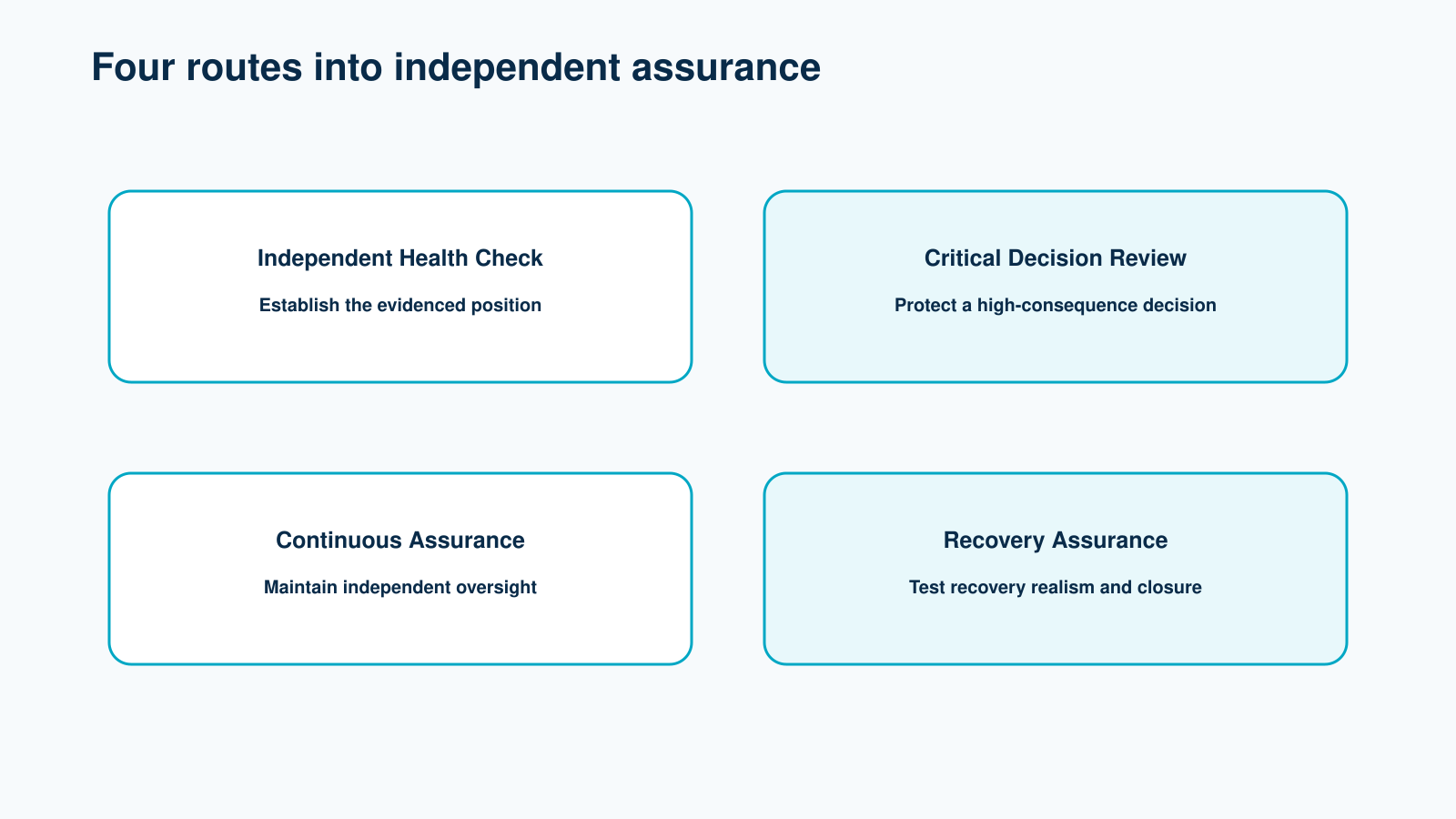 Independent Health Check, Critical Decision Review, Continuous Assurance and Recovery Assurance.
