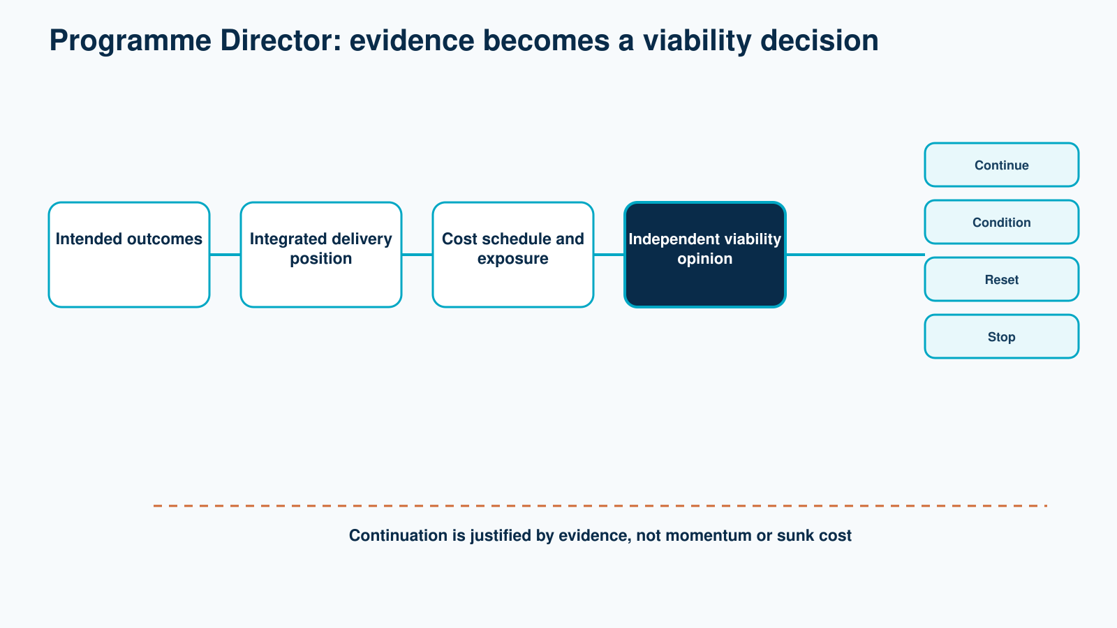Programme Director viability chain connecting outcomes, integrated delivery evidence and exposure to a continue, conditional continuation, reset or stop decision.